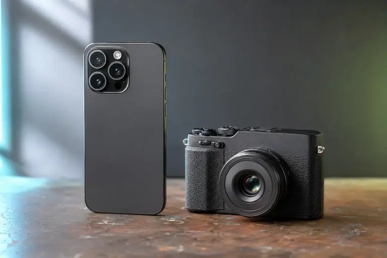 Smartphone dan kamera mirrorless tanpa merek di meja studio