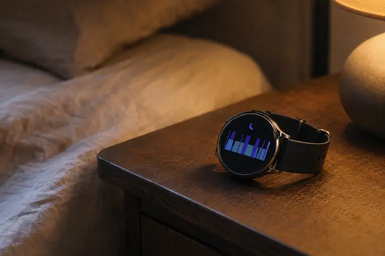 Smartwatch di meja malam dengan pencahayaan hangat